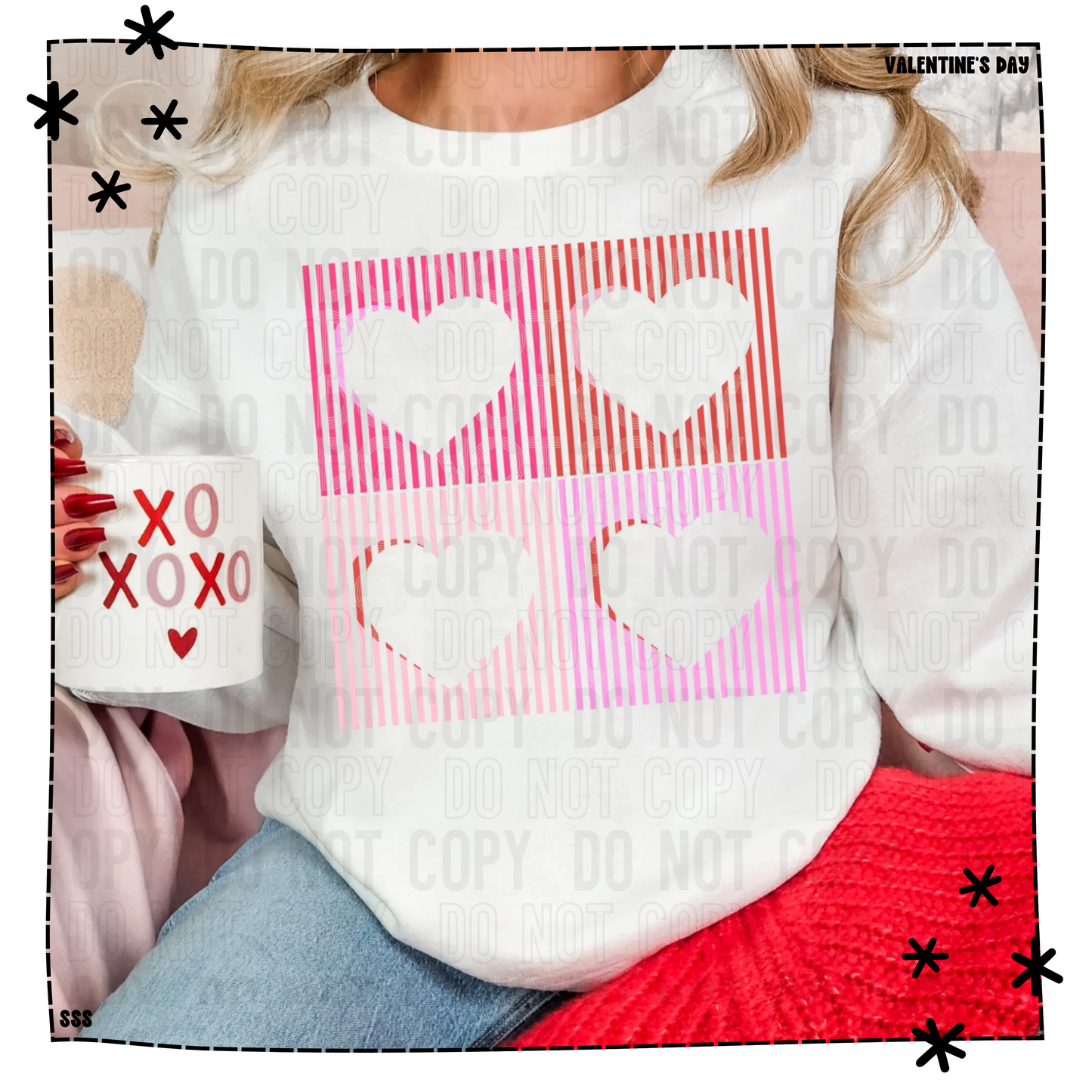 Four Hearts In Pink And Red Lined Squares