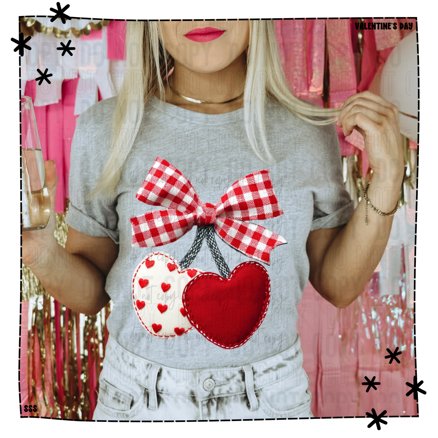 Heart Cherries Faux Stitch Gingham Bow